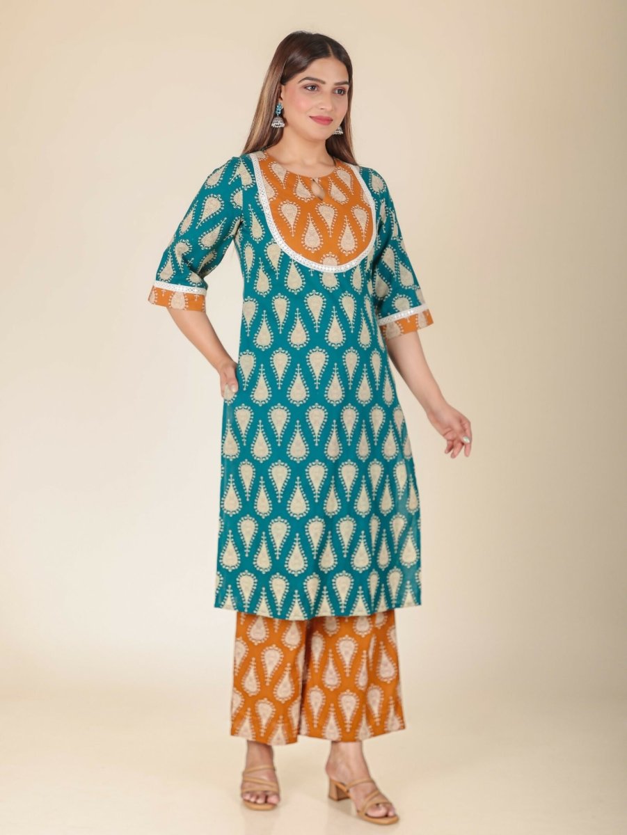 Aramya Turquoise Soft Cotton Floral Print Straight Kurta Set for Women | Grocsy