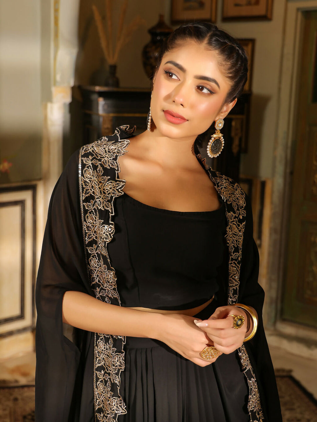 Janasya Black Georgette Solid Top Bottom Cape | Grocsy