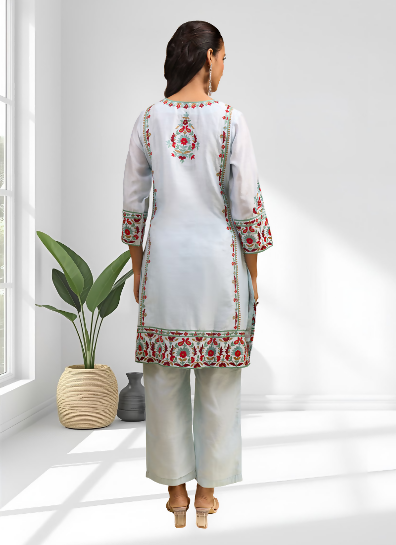 Joban Fashion Sky Blue Silk Embroidered Readymade Long Kurta With Pant | Grocsy