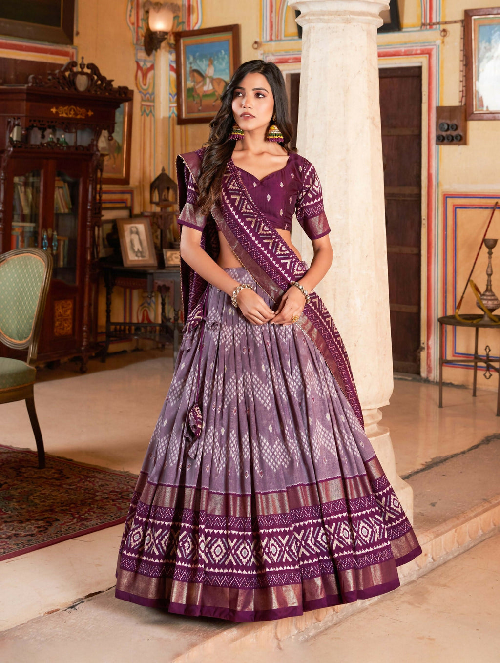 Vastranavya Occasionaly Tussar Silk Dot And Ikkat Print With Foil Work Lehenga Choli - Wine | Grocsy