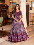 Vastranavya Occasionaly Tussar Silk Dot And Ikkat Print With Foil Work Lehenga Choli - Wine | Grocsy