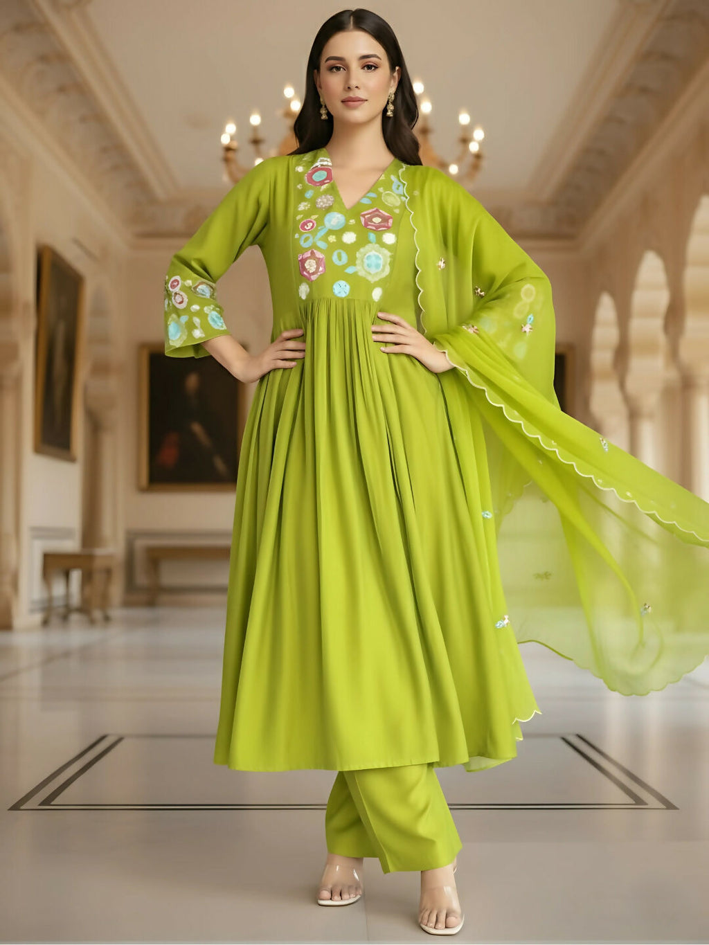 The52 Women's Beautiful Embroidery Work Viscose Silk Fabric Flared Kurta Pant and Dupatta Set-Liril | Grocsy