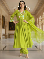 The52 Women's Beautiful Embroidery Work Viscose Silk Fabric Flared Kurta Pant and Dupatta Set-Liril | Grocsy