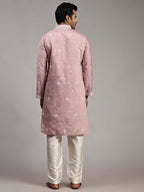 Pink Silk Designer Embroidery Work Men's Rajwadi Kurta Set - Mahotsav | Grocsy