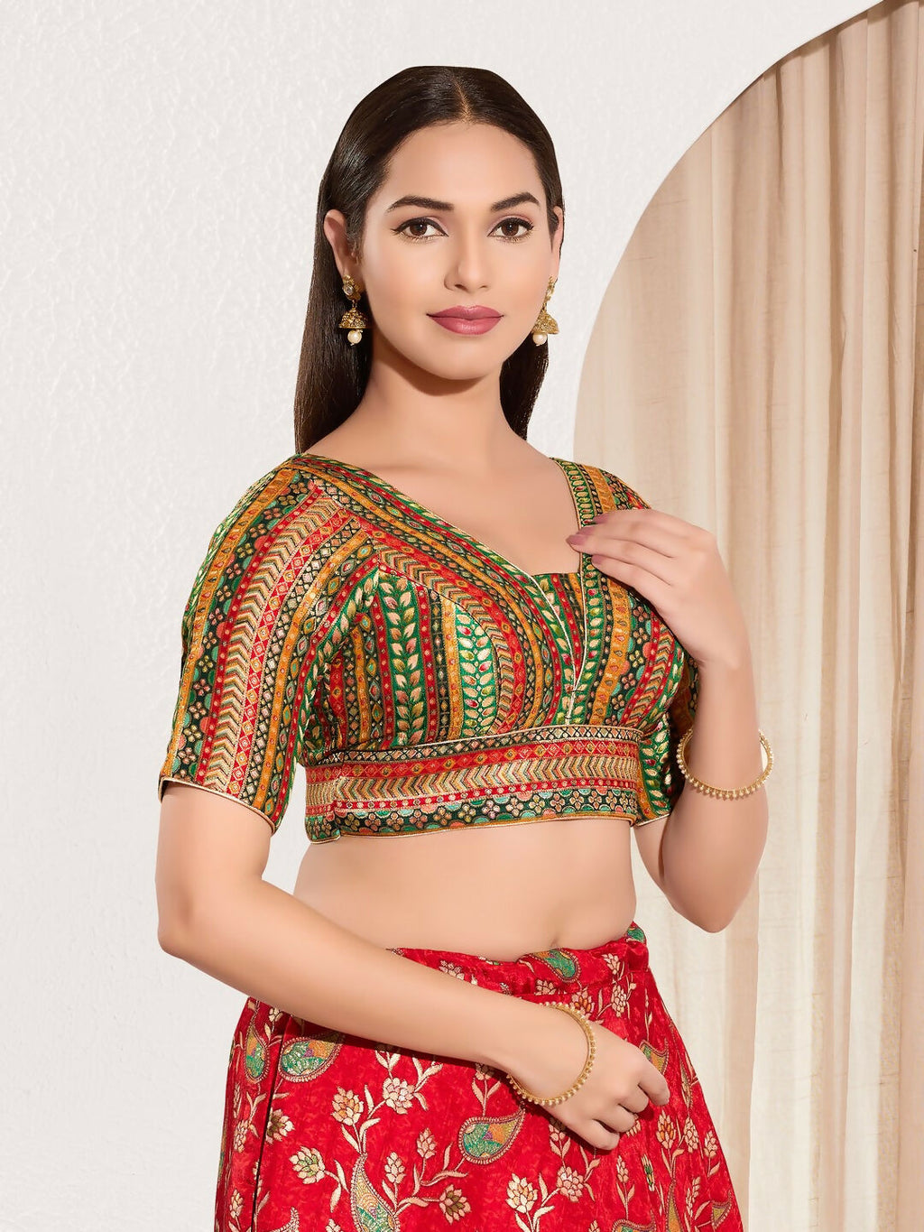 Joban Fashion Green Multi Brocade Padded Blouse With V Neck Elbow Sleeves | Grocsy
