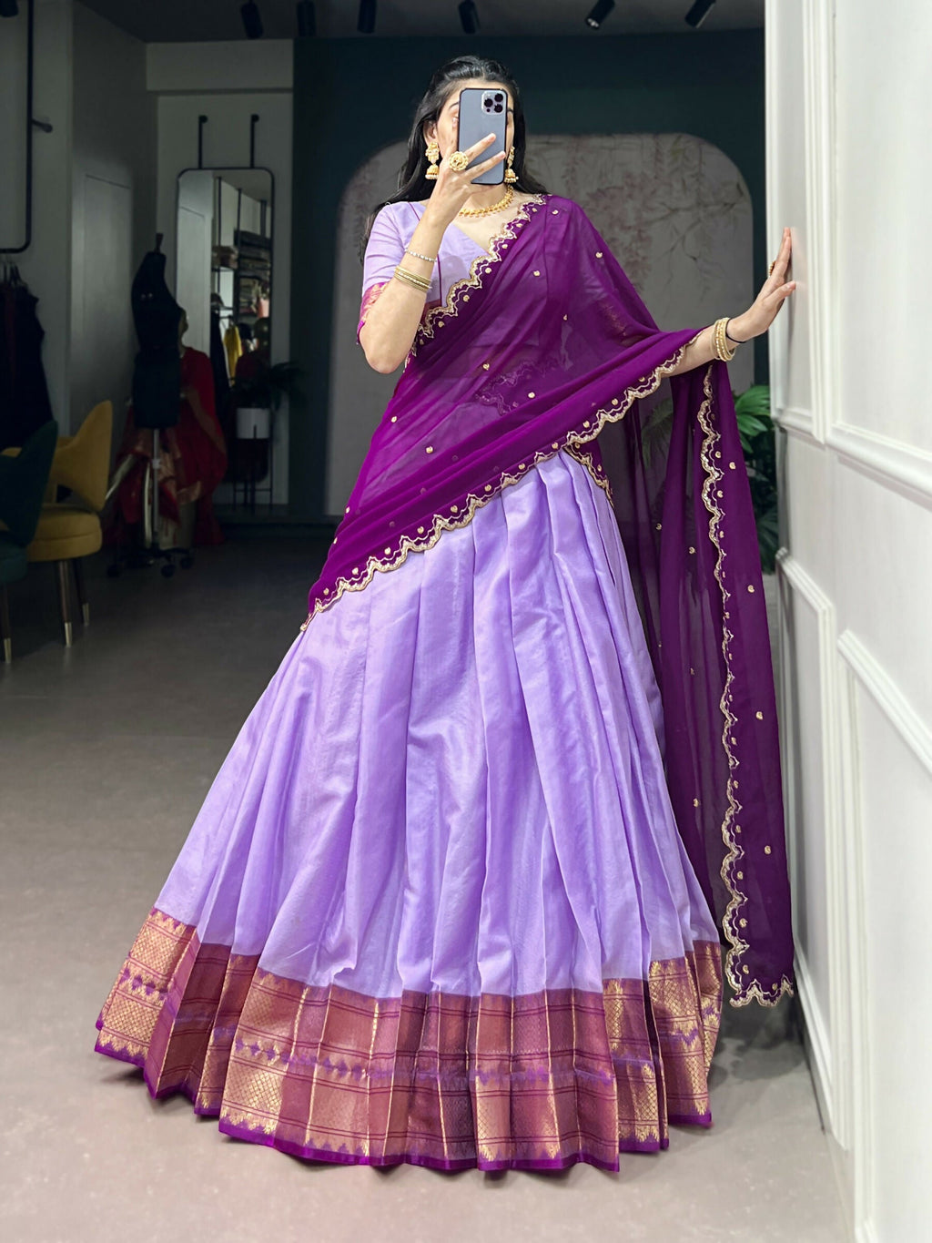 Lorenvalley Fashion Lavender Cotton Silk Zari Weaving Work Lehenga Choli with Dupatta | Grocsy