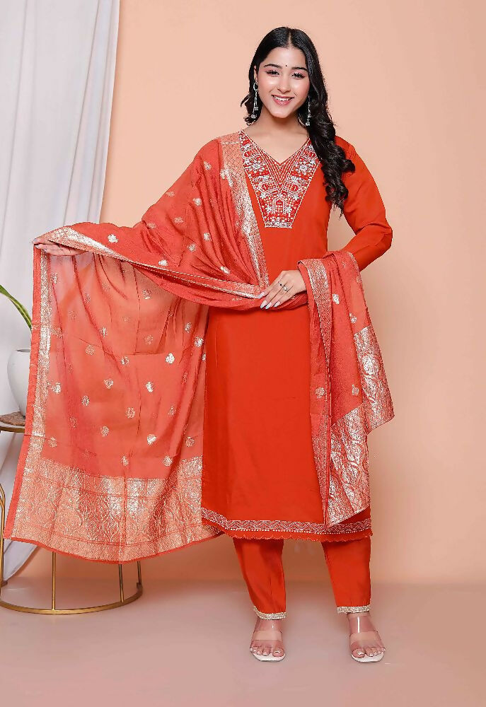 Miravan Womens Orange Embroidered Straight Kurta With Palazzo And Dupatta Set | Grocsy