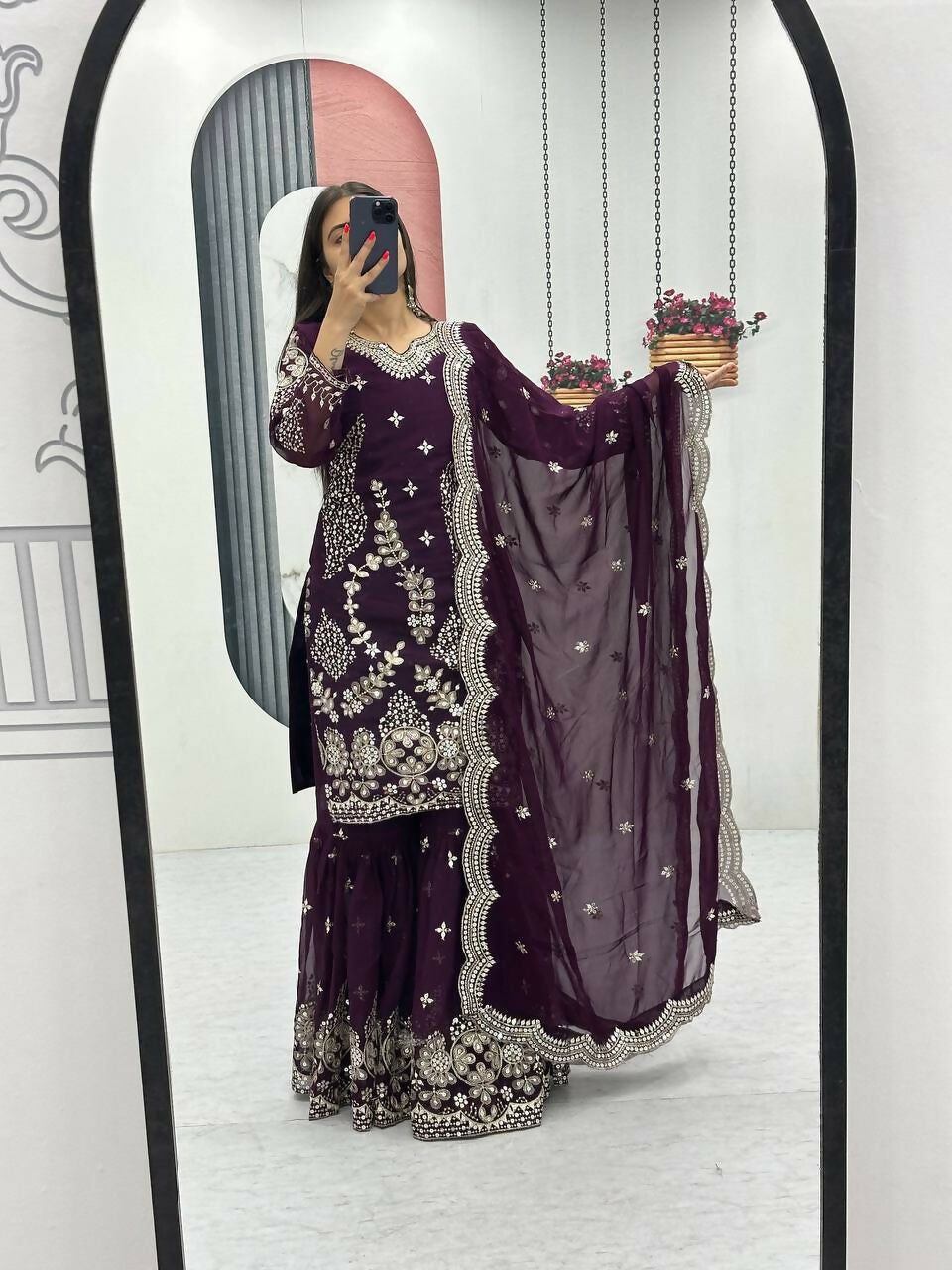 Teeya Creation Womens New Heavy Fox Georgette Fabric With Heavy Embroidery Work Wine Kurta Set | Grocsy