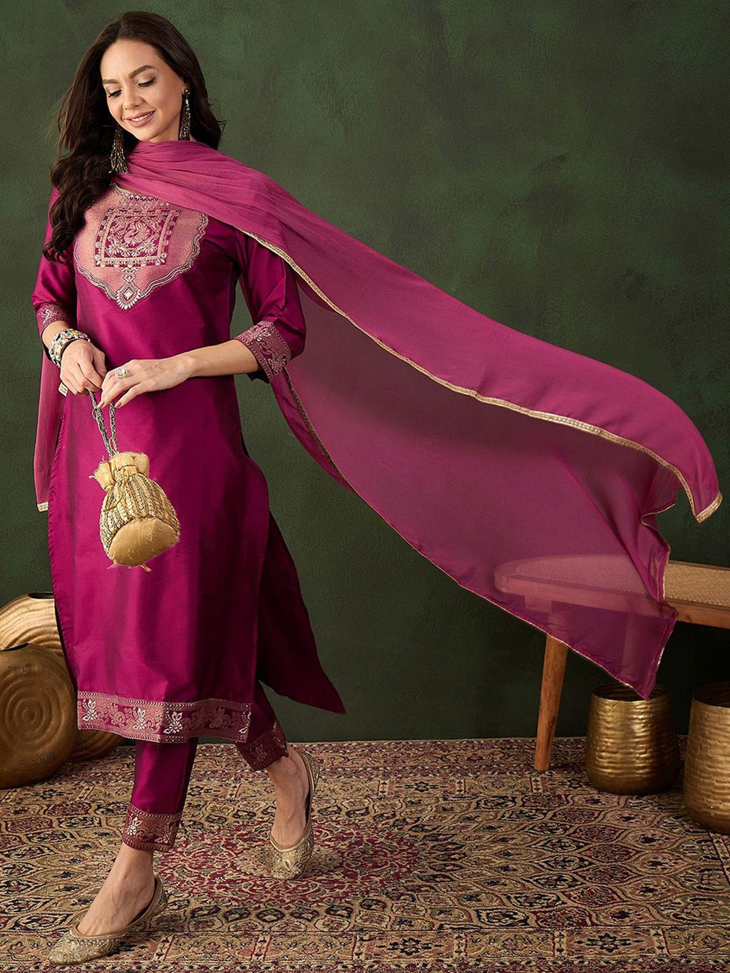 Sangria Woven Design Kurta & Trouser With Dupatta | Grocsy