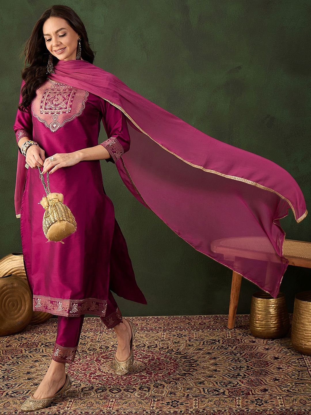 Sangria Woven Design Kurta & Trouser With Dupatta | Grocsy