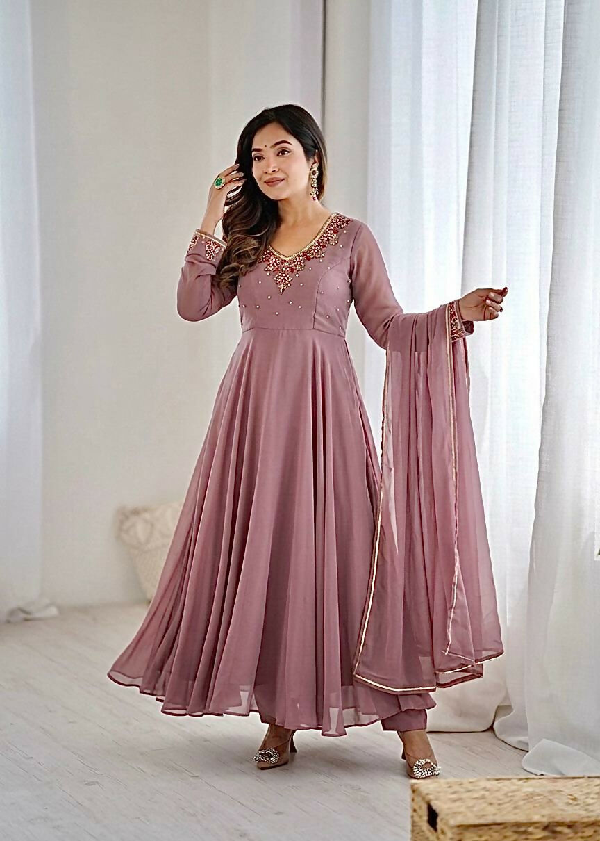 Teeya Creation Womens New Fancy Fox Georgette Heavy Quality Fabric With Handwork Gown Set | Grocsy