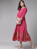 Yufta Magenta Ethnic Motifs Ethnic Maxi Dress | Grocsy