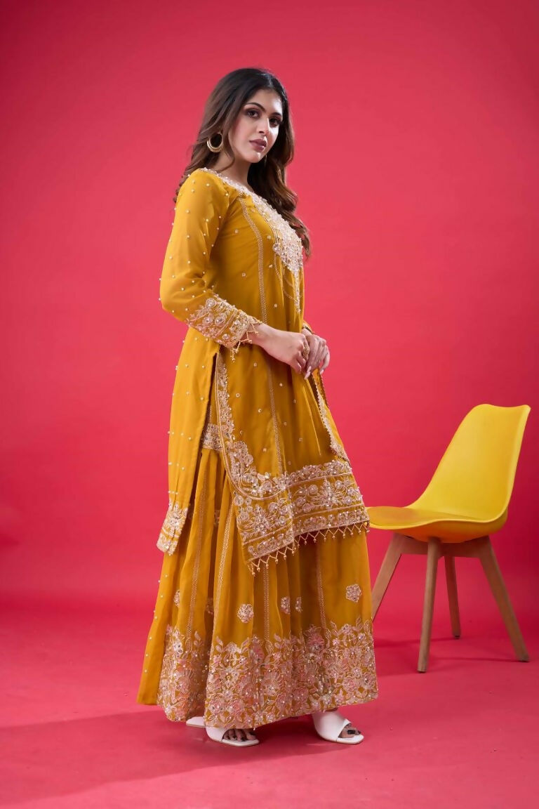 Teeya Creation Yellow Color Faux georgette Embroidery Work Sharara Set | Grocsy