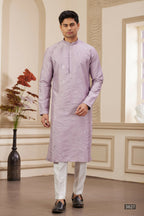 Raivat Ethnic Men's Art Silk Thread Work Kurta Pyjama In Light Purple Colour | Grocsy