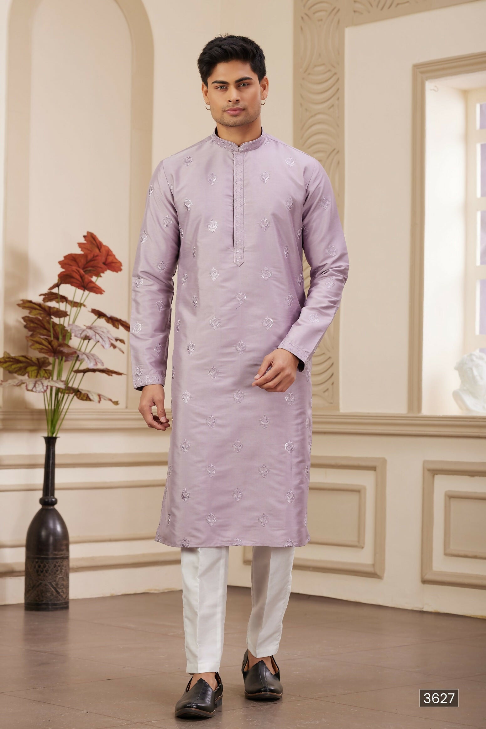 Raivat Ethnic Men's Art Silk Thread Work Kurta Pyjama In Light Purple Colour | Grocsy