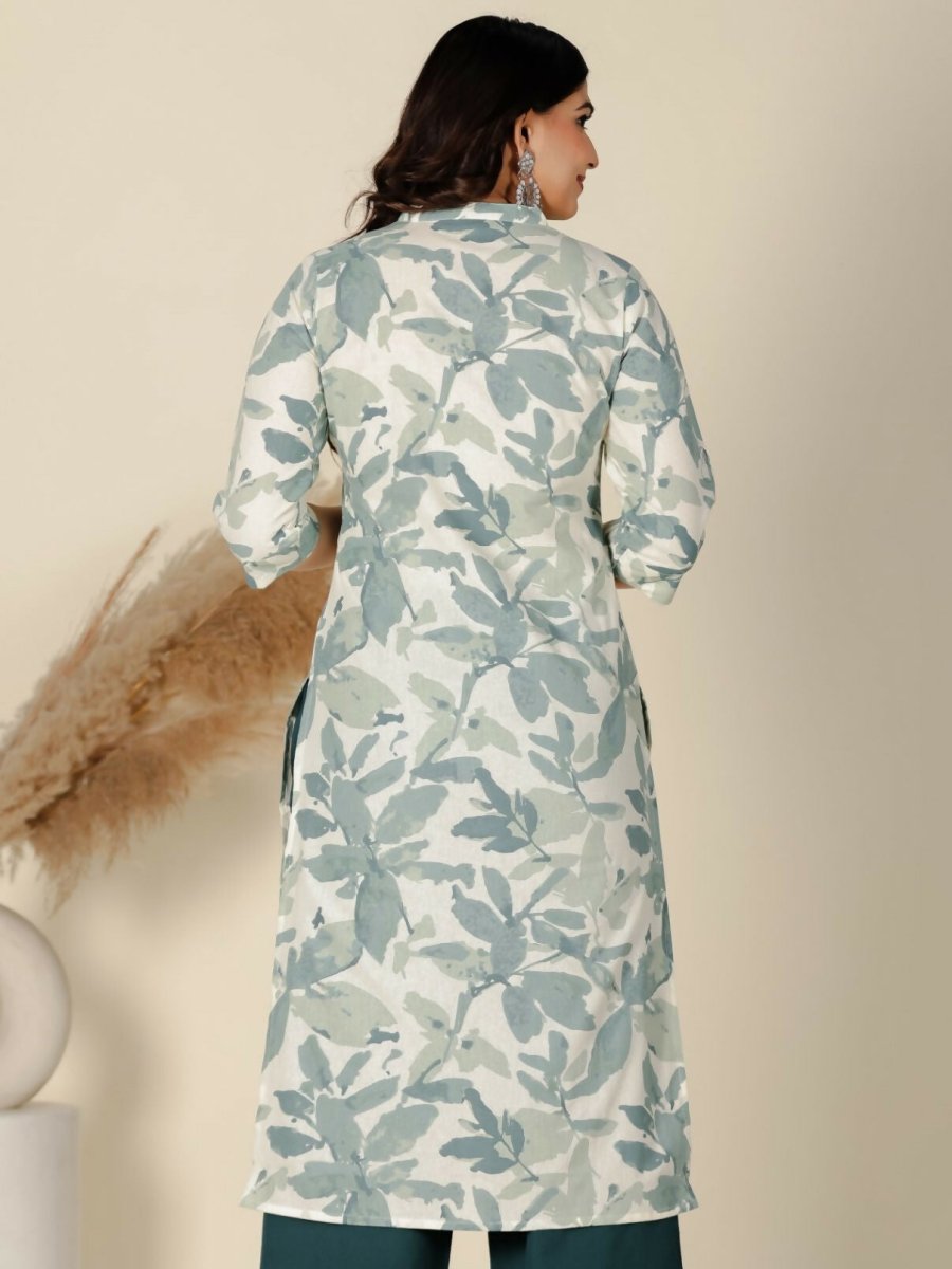 Aramya Green Linen Cotton Foliage Straight Kurta for Women | Grocsy