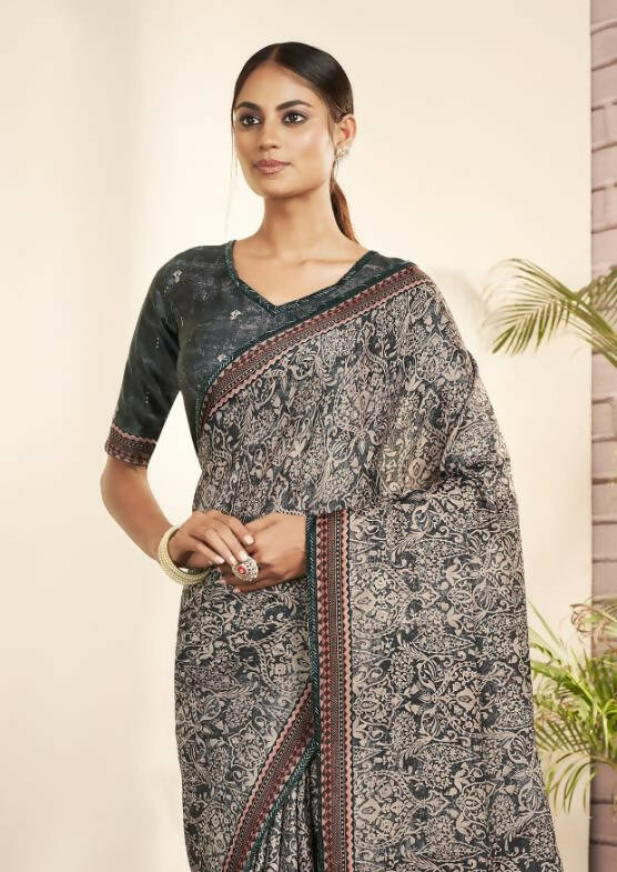 Grey Gajji Silk Paisley Print with Hand work Border Saree - Norita Nirvi | Grocsy