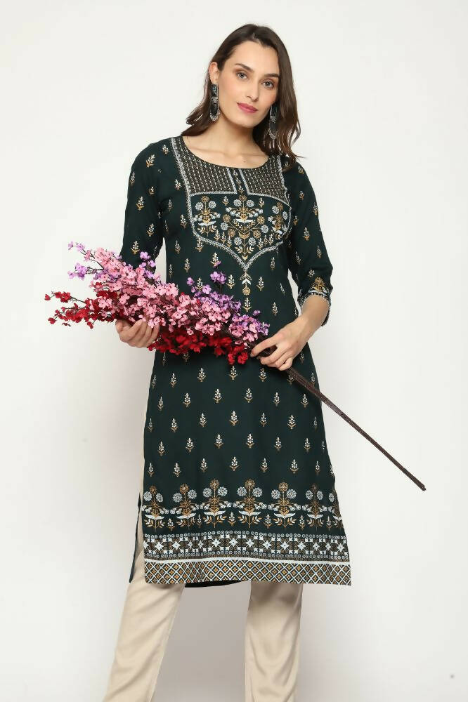 Maai Rayon Hand Printed Kurta Green | Grocsy