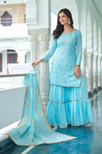 Joban Fashion Sky Blue Chinon Silk Embroidery Sequence Work Readymade Kurta Set | Grocsy
