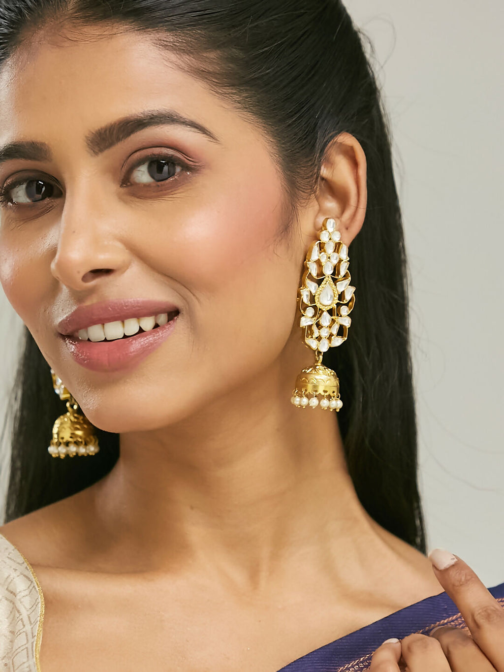 Nuyug 22K Gold-Plated Regal Kundan Stone Studded & Pearl Drop Jhumkas | Grocsy