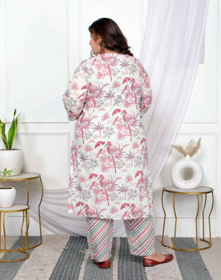 Miravan Women's Plus Size Cotton Light Pink Scenic Birds And Leaf Floral Printed Straight Pakistani Style Suit Set | Grocsy