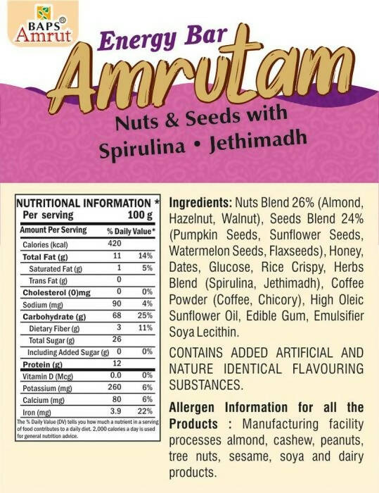 Baps Amrut Energy Bar Amrutam (Nuts & Seeds With Spirulina , Jethimadh) | Grocsy