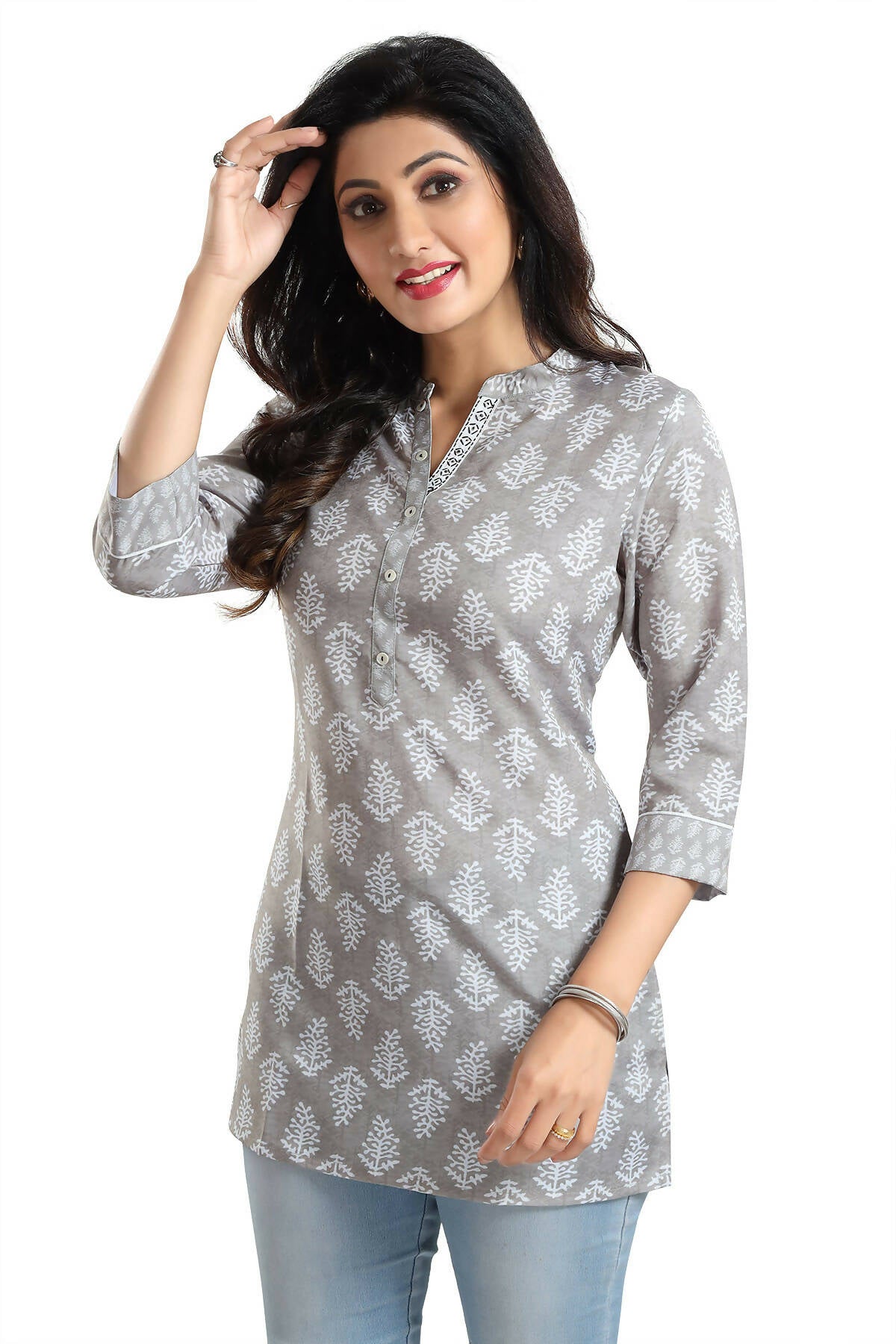 Snehal Creations Gracious Gray Rayon Short Kurti Tunic Top | Grocsy