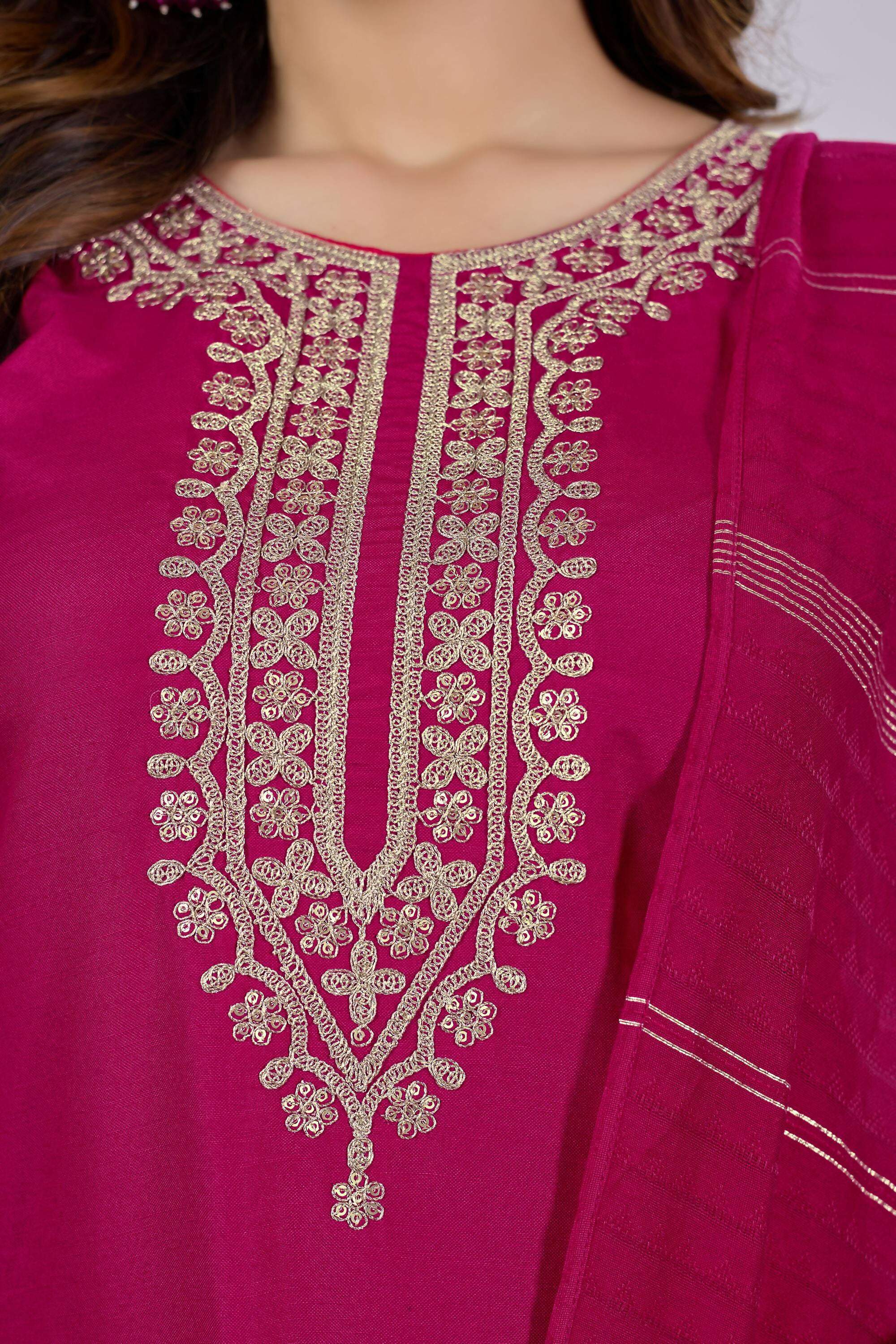The52 Pink Women's Beautiful Embroidered Rayon Slub Fabric with Straight Kurta, Pant and Dupatta Set | Grocsy