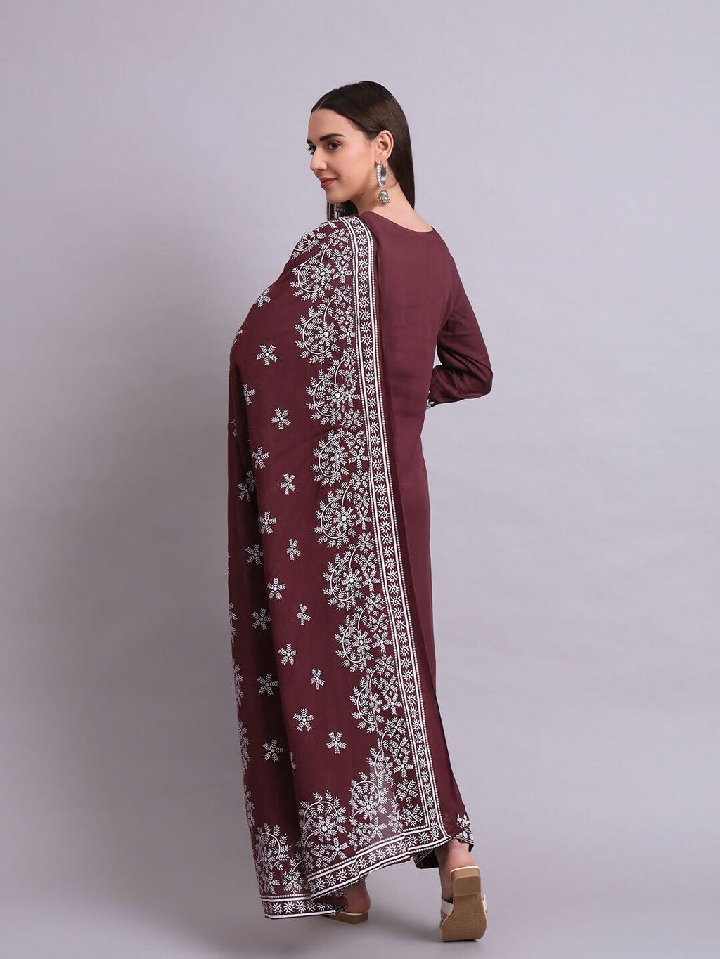 Joban Fashion Brown Cotton & Embroidery Work Kurta With Trousers & Dupatta Set | Grocsy