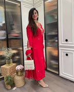 The52 Red Beautiful Embroidered Rayon Fabric Straight Kurta Pant with Dupatta Set | Grocsy