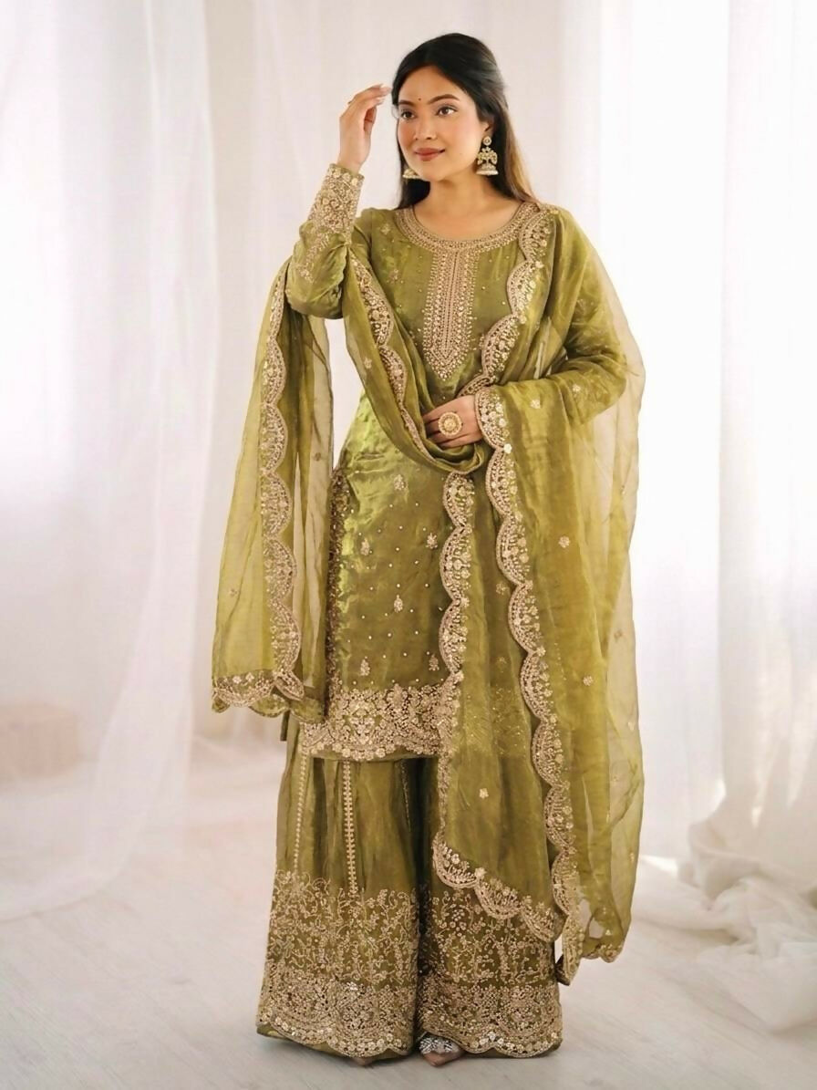 Teeya Creation Womens New Trendy Embroidery Coding And Sequence Work Light-Green Kurta Set | Grocsy