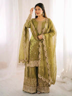 Teeya Creation Womens New Trendy Embroidery Coding And Sequence Work Light-Green Kurta Set | Grocsy