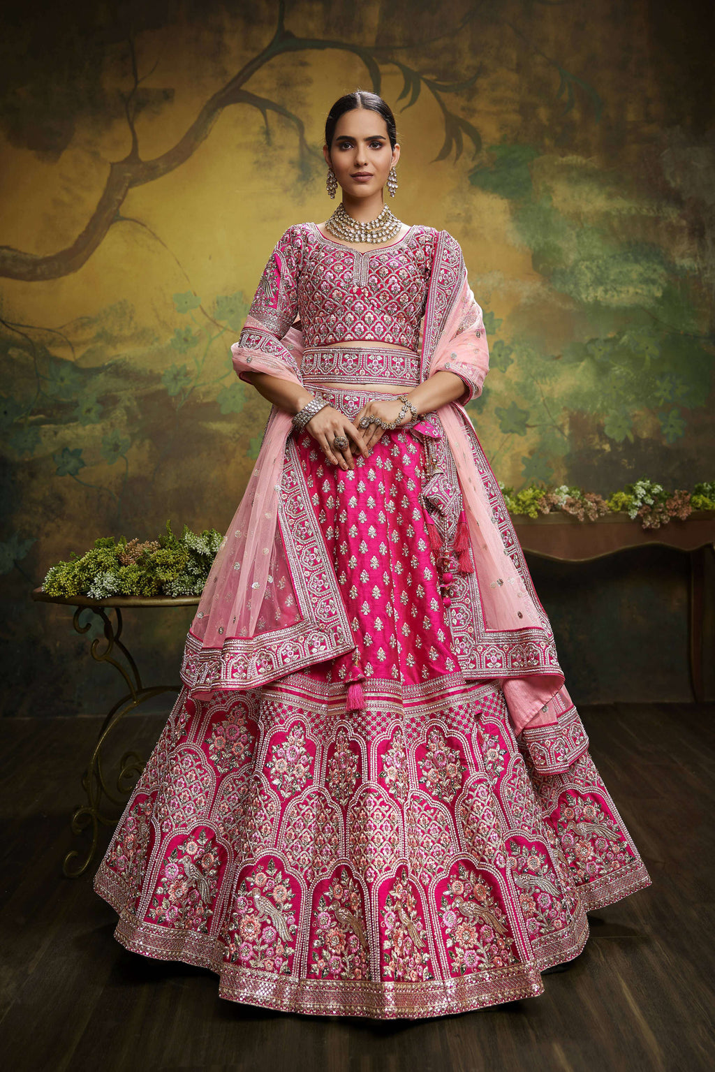House of Panchhi Pink Pure Silk Moti & Zarkan heavy embroidery Lehenga choli & Dupatta | Grocsy