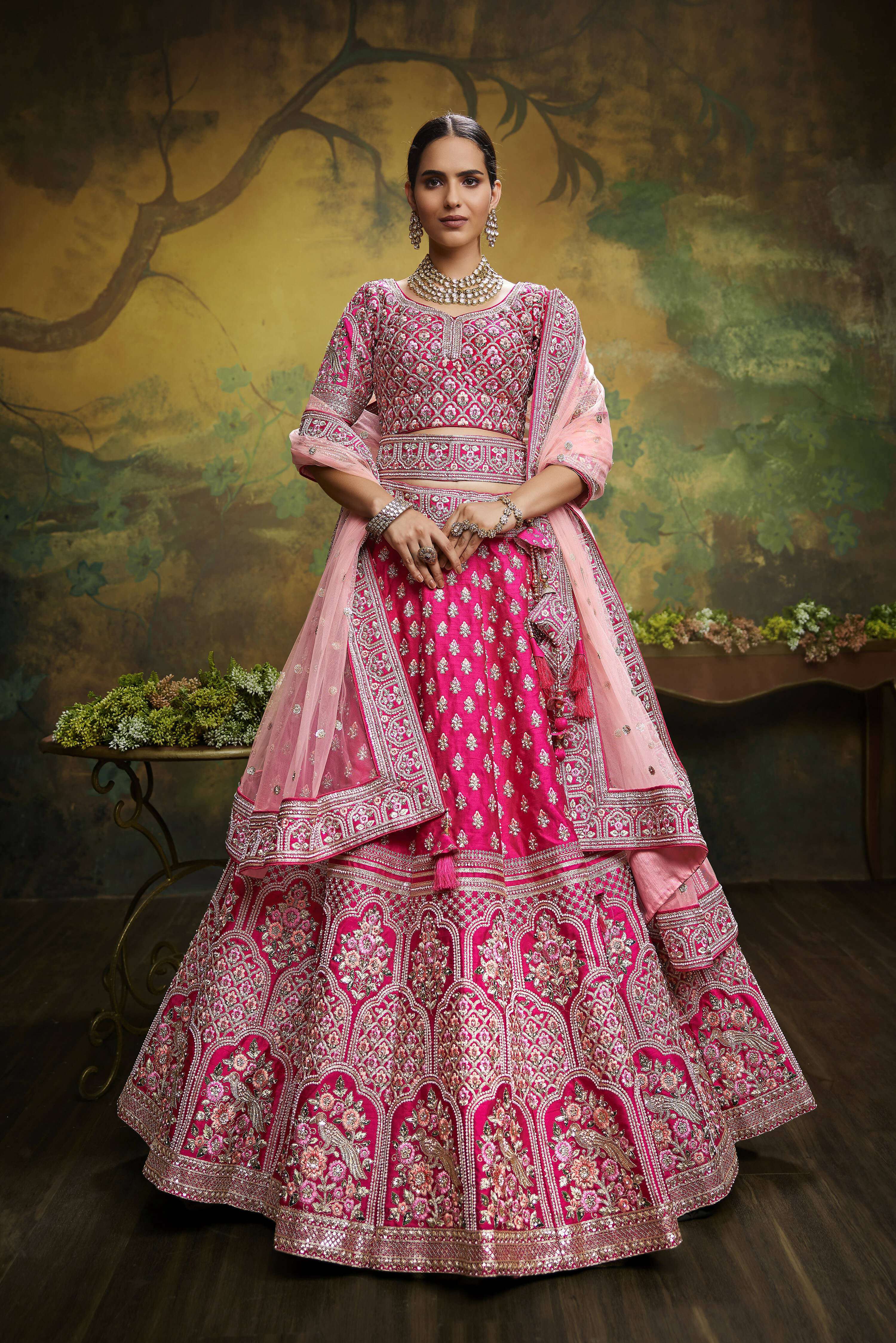 House of Panchhi Pink Pure Silk Moti & Zarkan heavy embroidery Lehenga choli & Dupatta | Grocsy