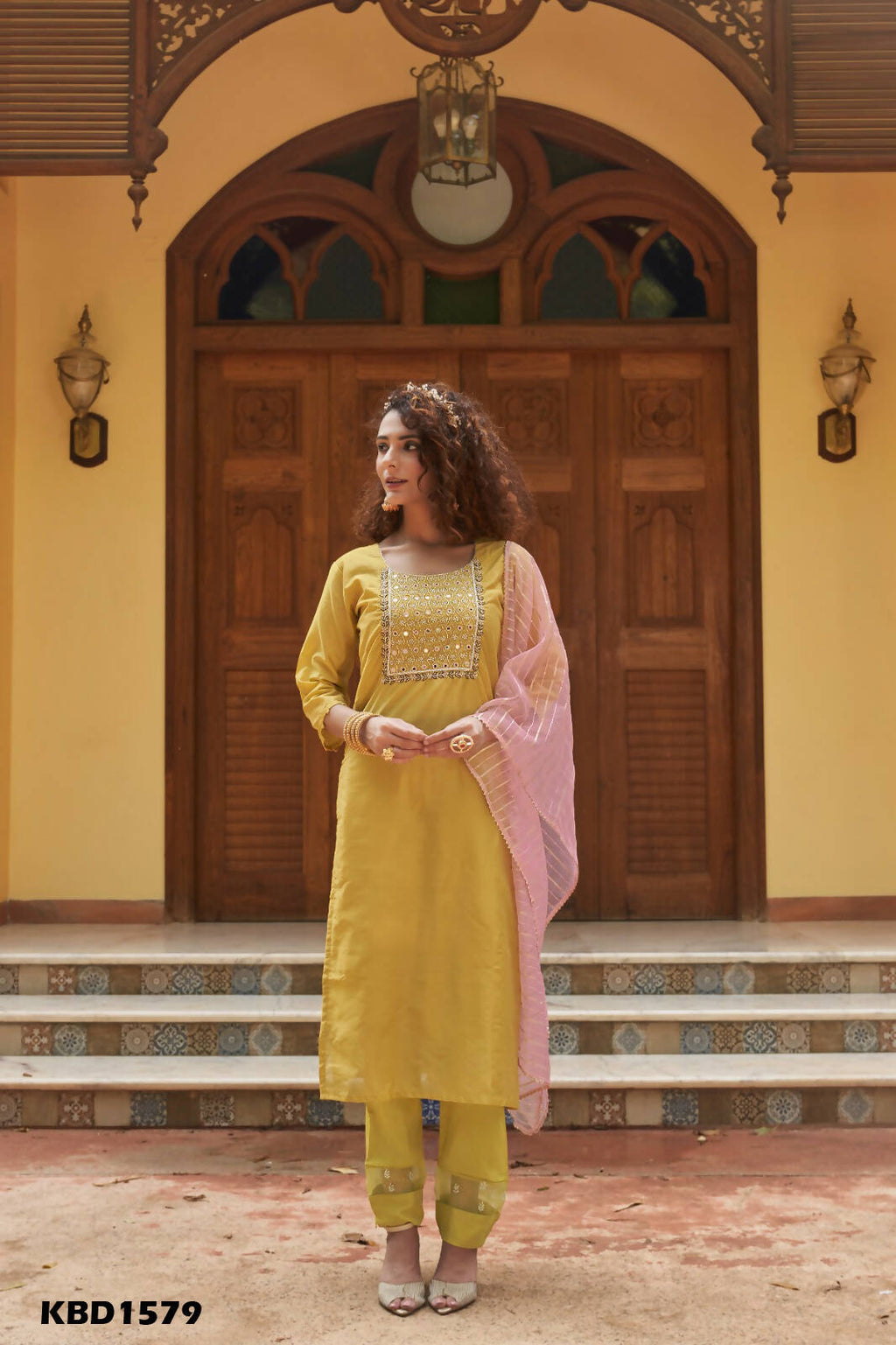 Mustard Chinon Embroidered Kurta and Bottom with Dupatta - Akashara | Grocsy