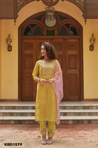 Mustard Chinon Embroidered Kurta and Bottom with Dupatta - Akashara | Grocsy