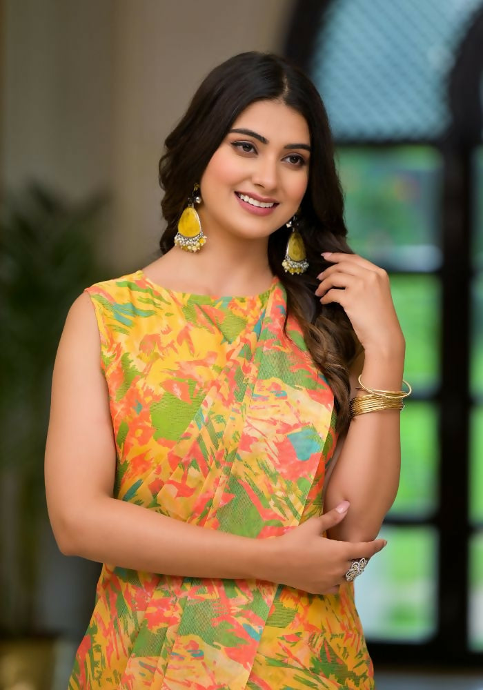 Partywear Designer Yellow Slime Georgette Fancy Saree - Anbazaar | Grocsy