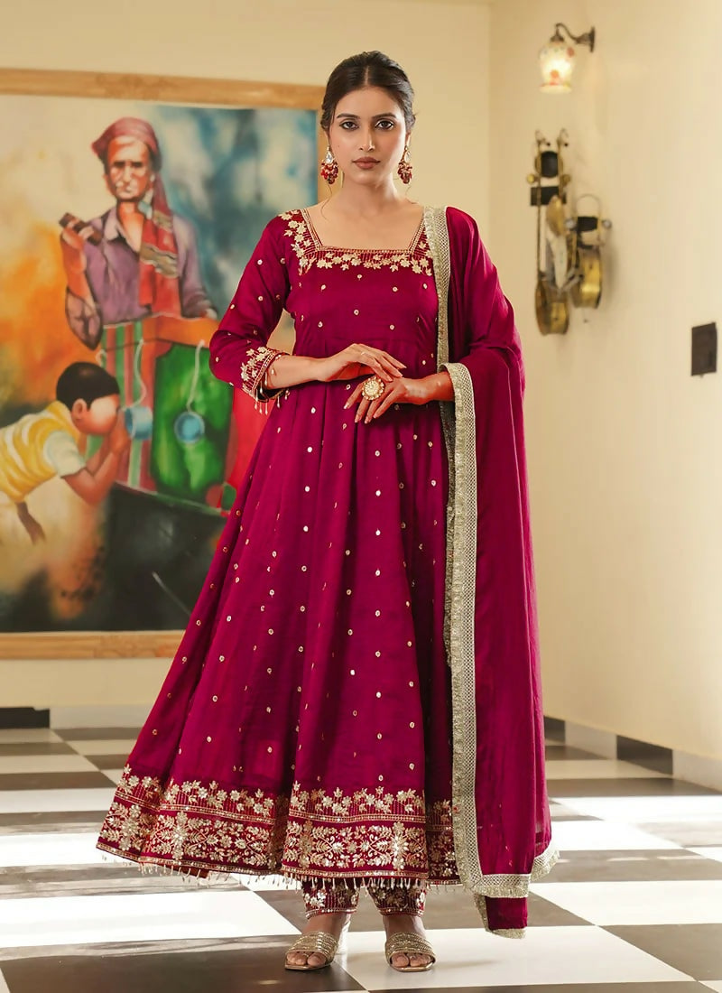 Teeya Creation Rani Color Pure Vichitra Silk Embroidery Work Party Wear Gown | Grocsy