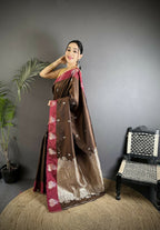 Joban Fashion Brown Small Butti Soft Silk Banarasi Saree | Grocsy
