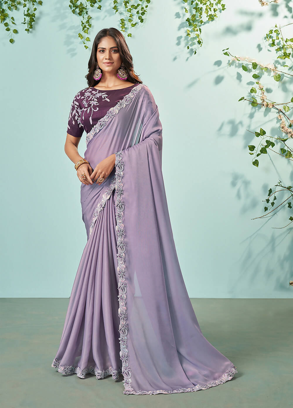 Violet Organza Silk Solid Saree With Unstitched Blouse Piece - Norita Ikshita | Grocsy