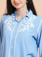 Pahnaz Modal Chikankari Handwork Shirt-Blue | Grocsy