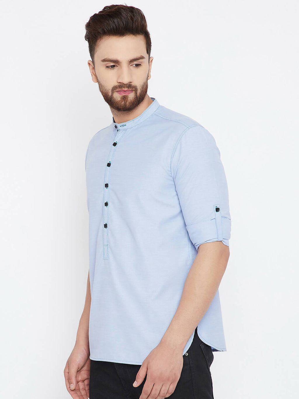 Even Apparels Blue Pure Cotton With Band Collar Men's Kurta | Grocsy