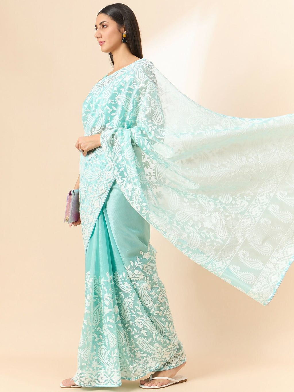 Blue Organza Paisely Embroidered Saree with Unstitched Blouse Piece - Roozal | Grocsy