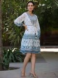 Juniper Women Off-White Georgette Printed Short Tiered Dress with Embroidered Yoke | Grocsy