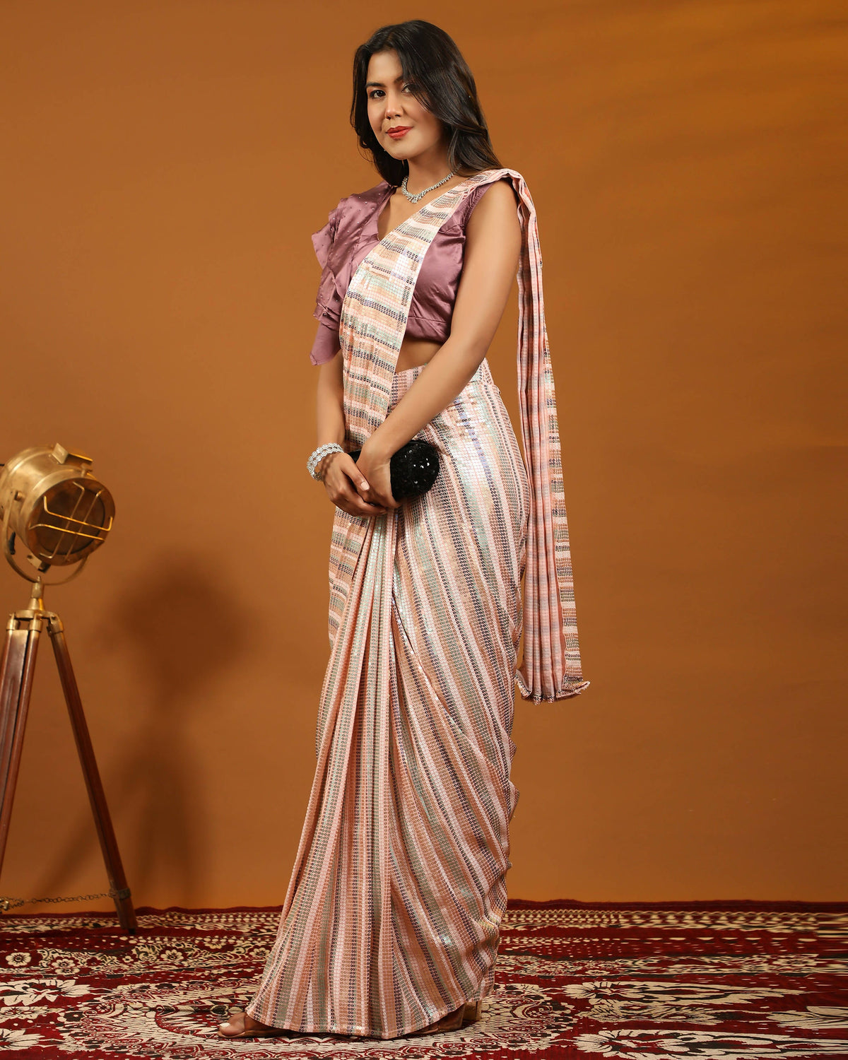 Peach Pure Georgette Sequence work Ready to wear Saree with stitched Blouse - Satiksha | Grocsy