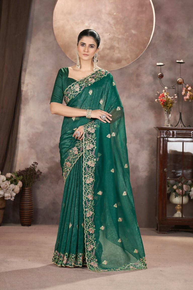 Vastranavya Gold Crunchy Multi Colour Threads Embroidery Work with Sequins Work Saree with Blouse material - Green | Grocsy