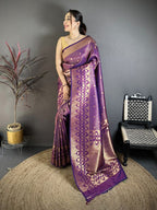 Elora Purple Banarasi Soft Silk Checked Body With Floral Motifs South Pattu Saree | Grocsy