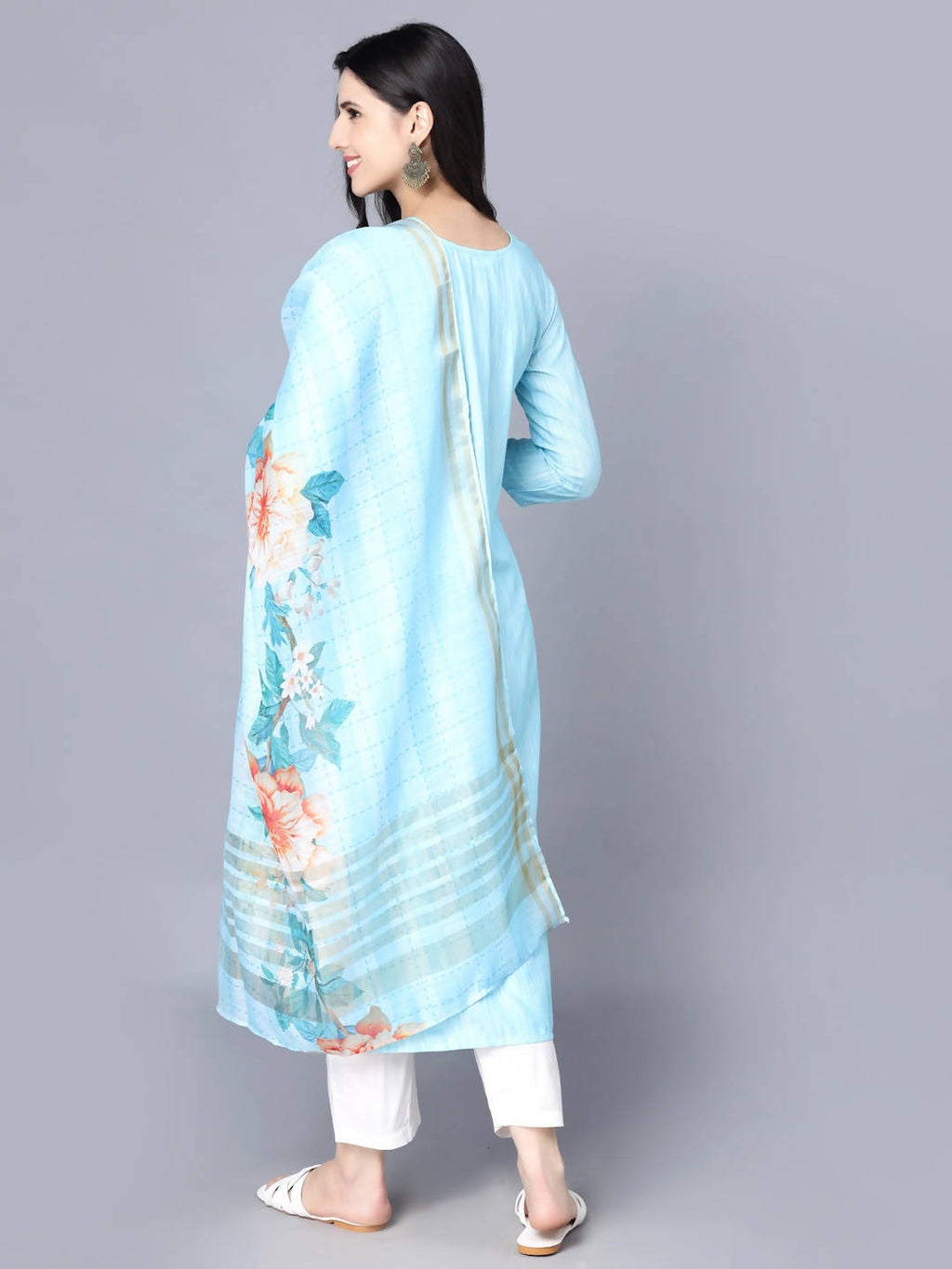 Myshka Women Turquoise Blue Panelled Pure Cotton Kurta with Trousers With Dupatta | Grocsy