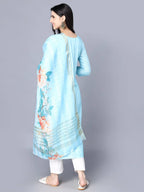 Myshka Women Turquoise Blue Panelled Pure Cotton Kurta with Trousers With Dupatta | Grocsy