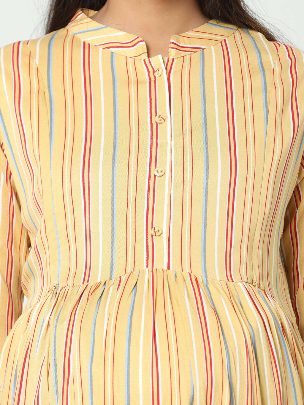 Manet Three Fourth Maternity Dress Striped With Concealed Zipper Nursing Access - Yellow | Grocsy